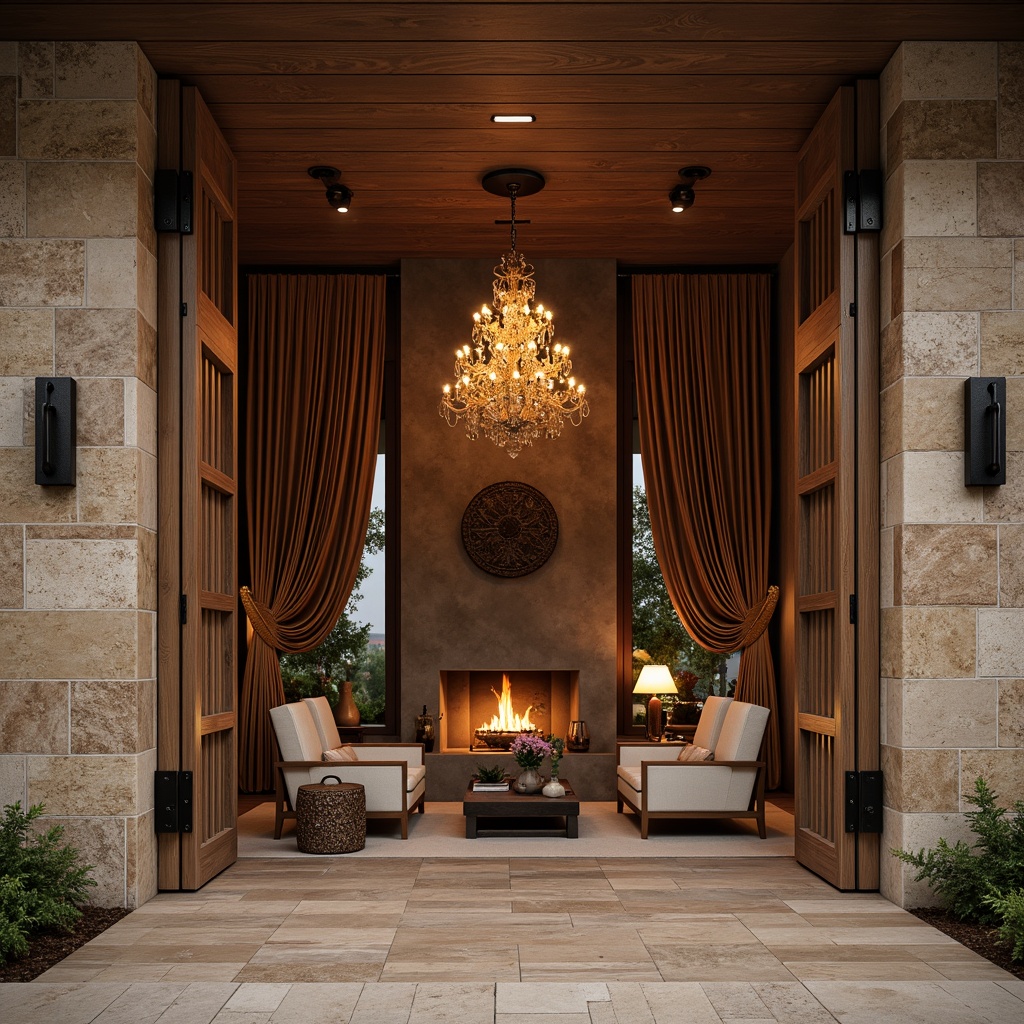 Prompt: Luxurious modern villa, brown stone fa\u00e7ade, rustic wooden doors, ornate metal fixtures, warm earthy tones, natural textures, lavish interior design, grand chandeliers, opulent furnishings, velvet drapes, rich wood accents, cozy fireplaces, soft golden lighting, shallow depth of field, 1/1 composition, realistic renderings, ambient occlusion.