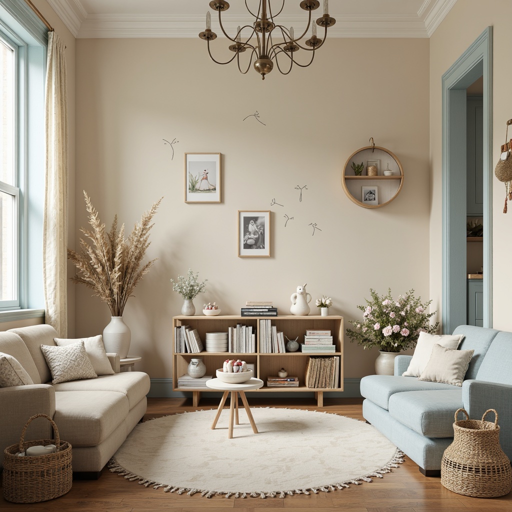 Prompt: Soft cream walls, pale blue accents, warm beige furniture, plush toys, delicate lace curtains, gentle wood tones, creamy whites, soothing pastel colors, natural textiles, woven baskets, vintage decorative items, distressed finishes, elegant chandeliers, softbox lighting, 1/2 composition, intimate atmosphere, cozy reading nooks, whimsical wall art.