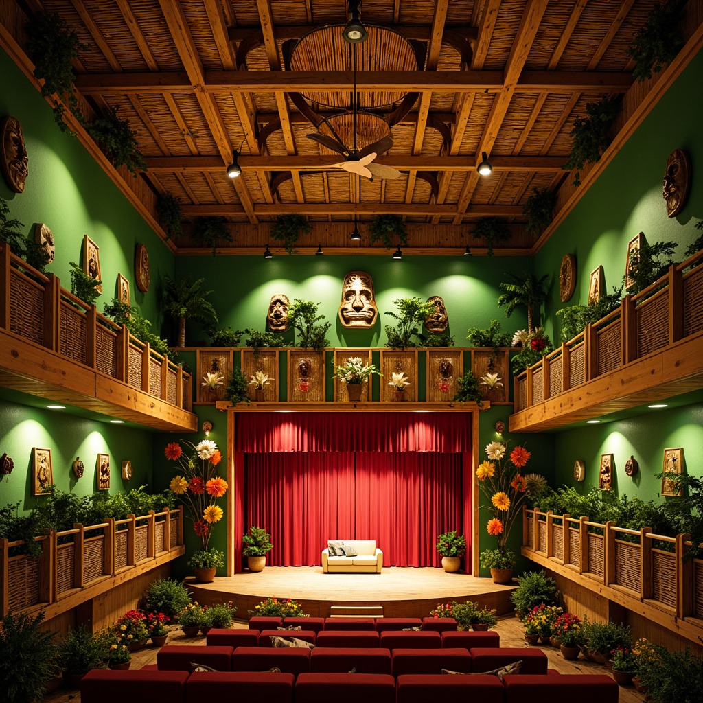 Prompt: Vibrant tropical theater, lush green walls, exotic flowers, warm golden lighting, natural wood accents, wicker furniture, colorful tiki masks, abstract tribal patterns, bamboo ceiling fans, plush red curtains, ornate golden balconies, dramatic spotlights, 3/4 composition, shallow depth of field, soft focus, romantic ambiance, intimate seating areas.