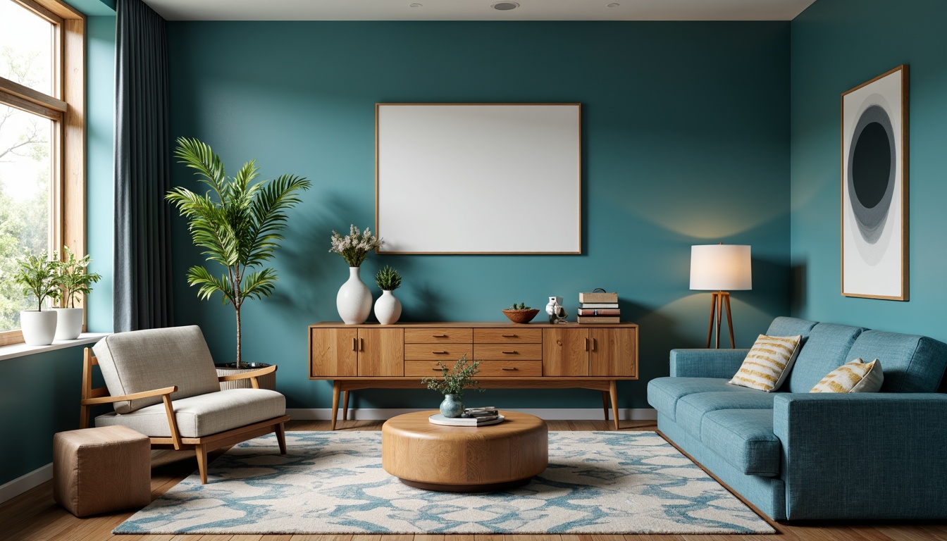 Prompt: Mid-century modern living room, calming blue palette, soft cerulean walls, warm turquoise accents, rich navy blue furniture, sleek wooden textures, geometric patterns, minimalist decor, retro-inspired lighting fixtures, rounded edges, organic shapes, natural materials, earthy tones, cozy atmosphere, warm afternoon light, shallow depth of field, 1/2 composition, realistic render.