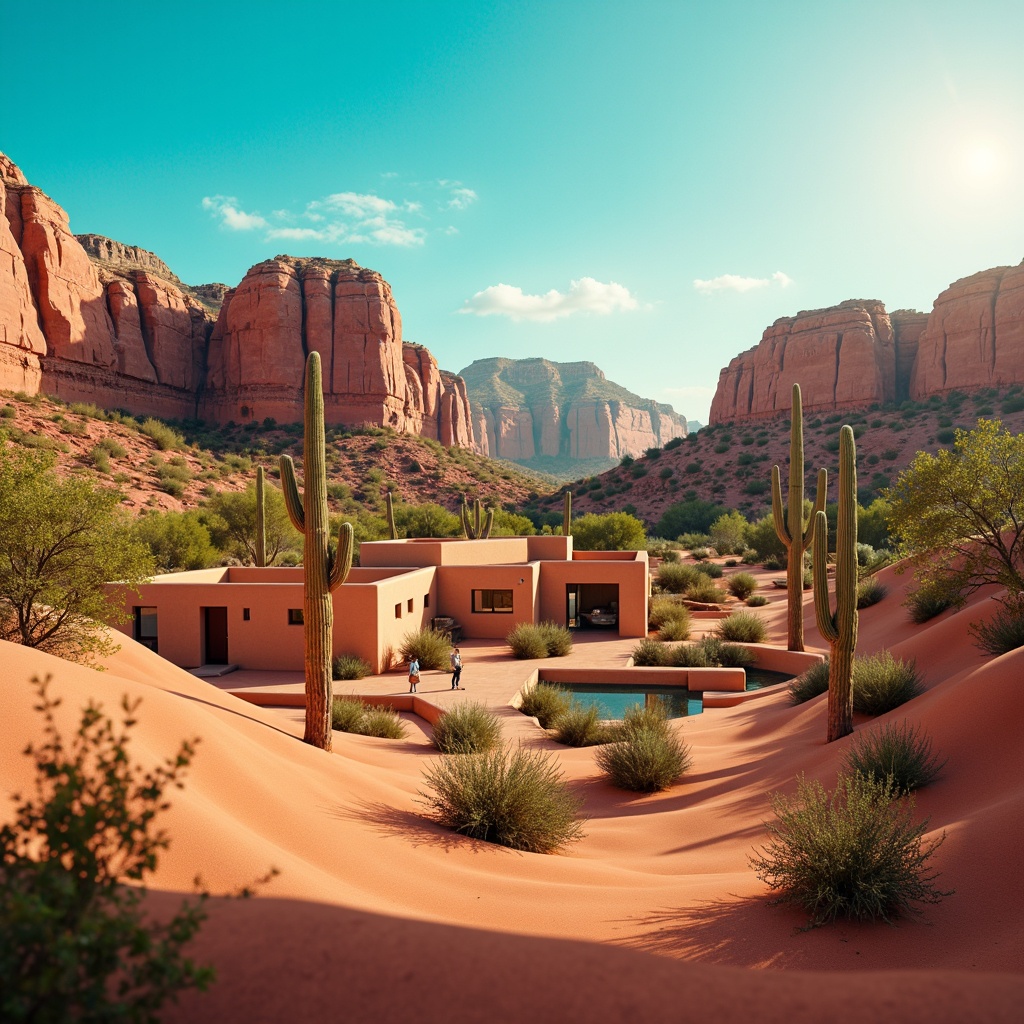 Prompt: Vibrant desert landscape, warm sandy dunes, majestic saguaro cacti, turquoise blue skies, rustic adobe architecture, earthy terracotta tones, rich turquoise accents, bold red rock formations, soft peach sunsets, warm golden light, shallow depth of field, 2/3 composition, panoramic view, realistic textures, ambient occlusion.