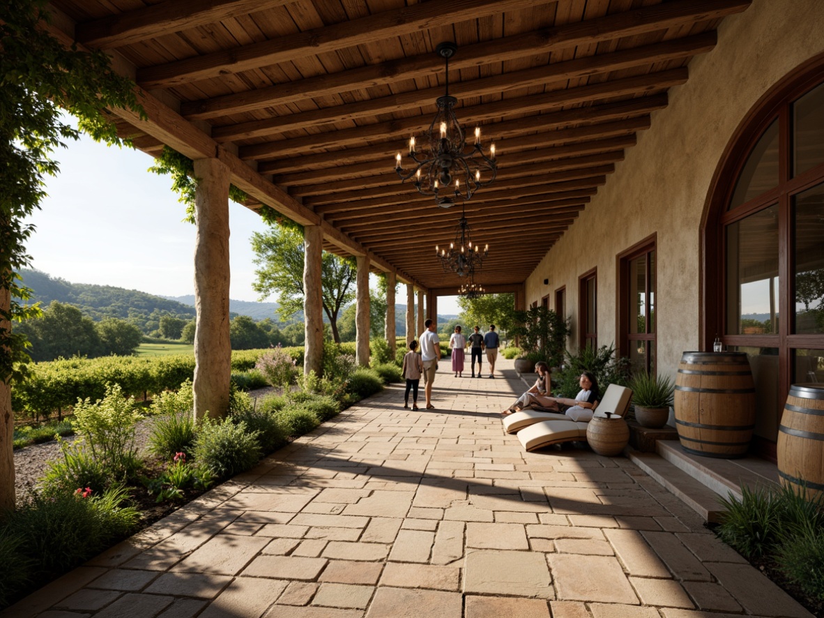 Prompt: Rustic vineyard, rolling hills, lush greenery, stone walls, wooden barrels, wine cellar, elegant finishes, classicism style, earthy tones, warm beige stucco, rustic wood accents, ornate metalwork, grand chandeliers, dimmed lighting, soft focus, 1/2 composition, intimate atmosphere, realistic textures, ambient occlusion.