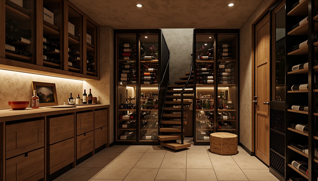 Prompt: Compact wine cellar, rustic wooden crates, glass-enclosed wine storage, modern minimalist shelving, sleek metal wine racks, spiral staircase, dimly lit ambiance, rich wood tones, earthy color palette, cozy intimate setting, soft warm lighting, shallow depth of field, 1/1 composition, realistic textures, ambient occlusion.