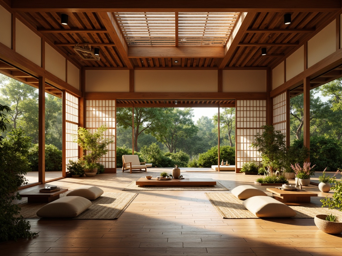 Prompt: Serenity-filled Asian-style interior, natural wood accents, shoji screens, sliding doors, paper lanterns, minimalist decor, low-seating furniture, tatami mats, woven bamboo textiles, soft warm lighting, large windows, clerestory windows, skylights, abundant greenery, lush plants, gentle morning light, warm afternoon sunbeams, subtle shadows, 1/2 composition, shallow depth of field, realistic textures, ambient occlusion.