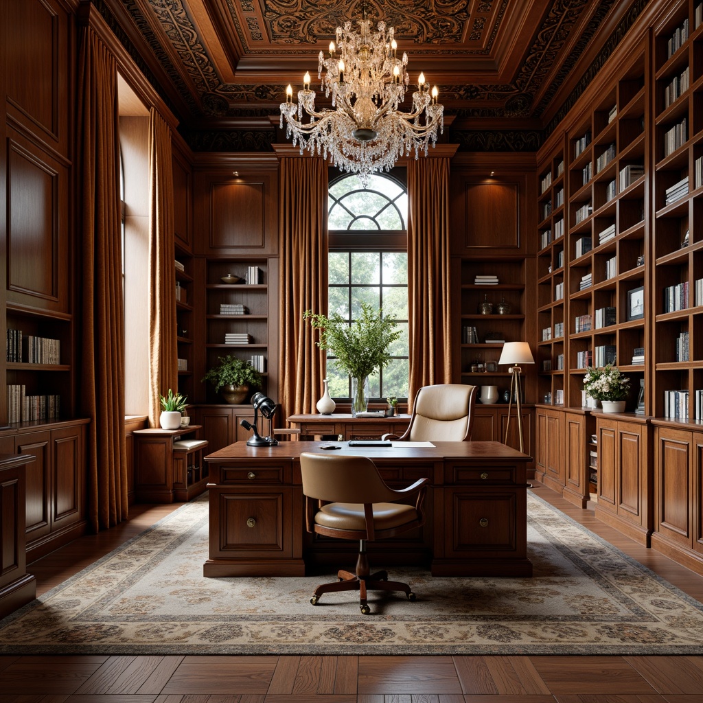 Prompt: Luxurious home office, rich wood tones, ornate carvings, intricate moldings, velvet drapes, crystal chandeliers, leather-bound tomes, polished mahogany desk, ergonomic chair, floor-to-ceiling bookshelves, soft warm lighting, subtle shadows, 1/1 composition, shallow depth of field, realistic textures, ambient occlusion.