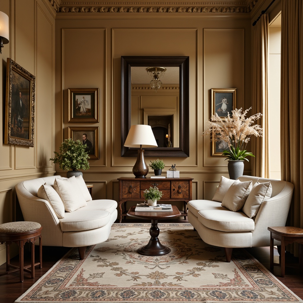 Prompt: Warm beige walls, rich wood furniture, plush cream-colored sofas, ornate metal frames, subtle patterned rugs, elegant floor lamps, vintage decorative accents, sophisticated neutral tones, refined textures, soft warm lighting, shallow depth of field, 1/2 composition, harmonious color palette, inviting cozy atmosphere.