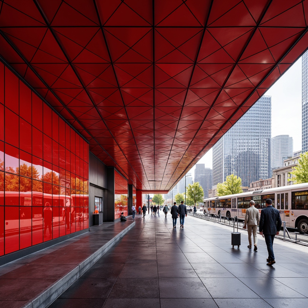 Prompt: Vibrant red accent wall, glossy finish, metallic sheen, geometric patterns, modern bus station design, sleek architectural lines, industrial materials, urban cityscape, natural light reflection, shallow depth of field, 1/1 composition, realistic textures, ambient occlusion, bustling atmosphere, pedestrian traffic flow.