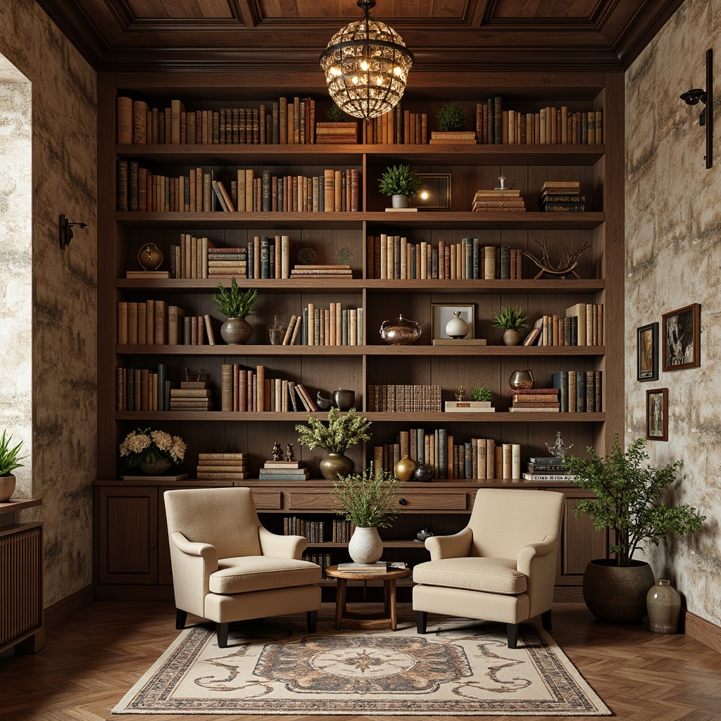 Prompt: Rustic wooden shelves, distressed stone walls, vintage book collections, comfortable velvet armchairs, soft warm lighting, rich wood tones, ornate metal fixtures, elegant crystal chandeliers, aged leather-bound books, classic novels, old-world maps, wooden ladder bookcases, plush area rugs, natural fiber textiles, earthy color palette, cozy reading nooks, charming French country accents, decorative ceramic vases, fresh flower arrangements, subtle wood grain patterns, warm beige tones, inviting atmosphere.