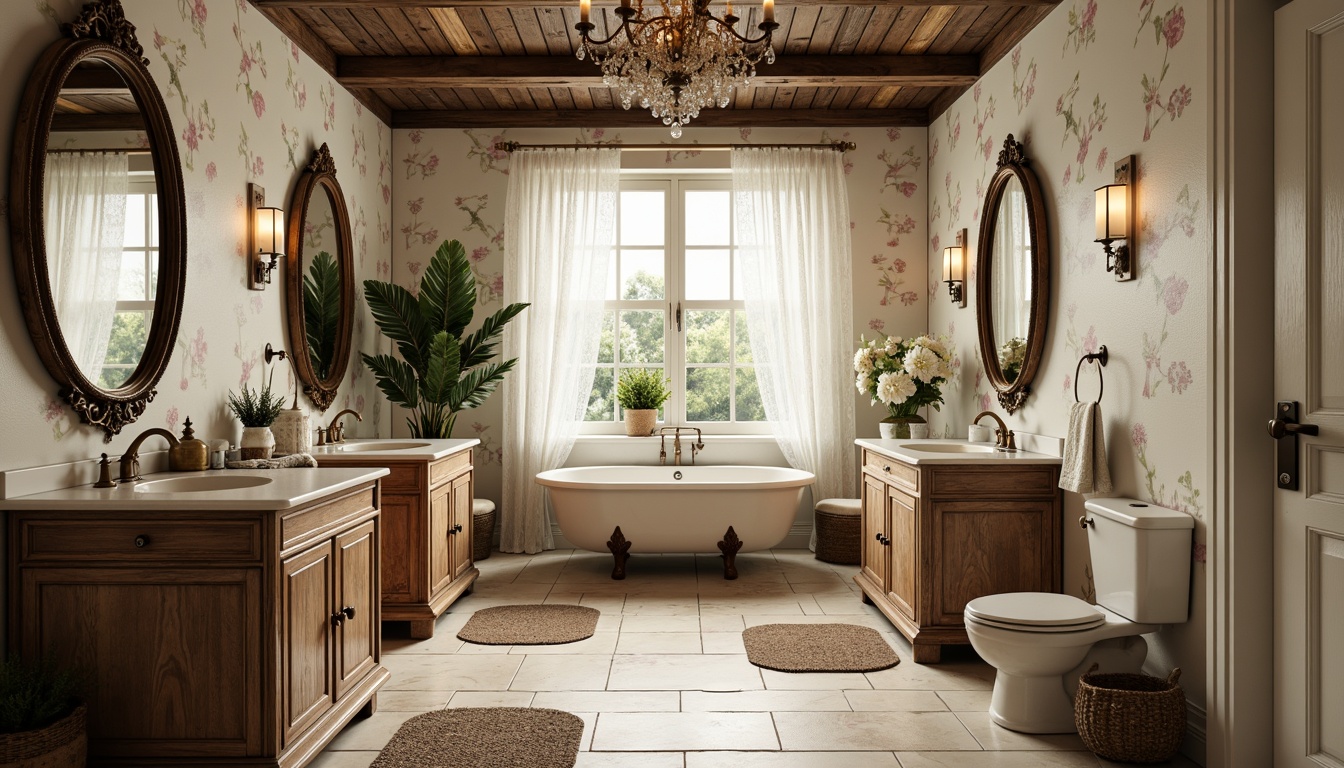 Prompt: Distressed wooden vanities, ornate metal fixtures, soft pastel hues, floral patterns, lace curtains, vintage apothecary jars, antique bronze faucets, worn stone floors, rustic wooden beams, elegant chandeliers, plush area rugs, creamy marble countertops, delicate ceramic tiles, warm ambient lighting, 1/2 composition, romantic atmosphere, subtle color palette, ornate mirror frames.