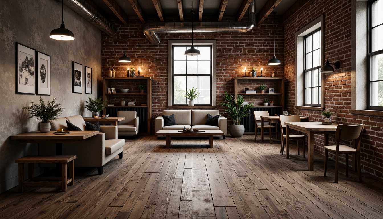 Prompt: Exposed brick walls, distressed wood flooring, metal beams, industrial-style lighting fixtures, reclaimed wooden furniture, urban loft atmosphere, raw concrete accents, minimalist decor, functional simplicity, moody color palette, dramatic shadows, softbox lighting, shallow depth of field, 2/3 composition, gritty realistic textures, ambient occlusion.