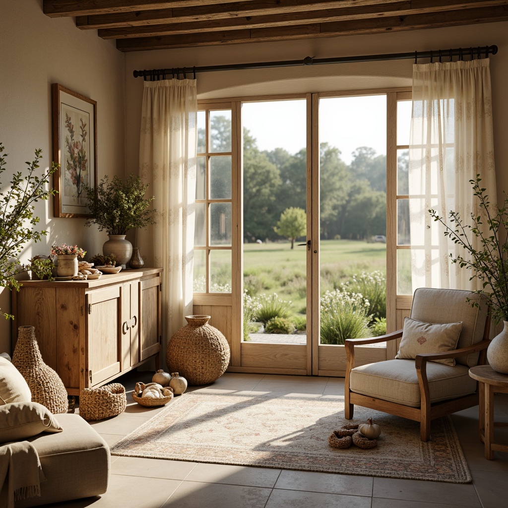 Prompt: Rustic countryside, vintage distressed fabrics, soft romantic florals, natural linen textures, beige and ivory hues, subtle Toile de Jouy patterns, elegant velvet drapes, woven rattan furniture, antique wooden accents, charming Proven\u00e7al motifs, sun-kissed fields, warm afternoon light, shallow depth of field, 1/2 composition, warm color palette, soft focus, natural ambient lighting.