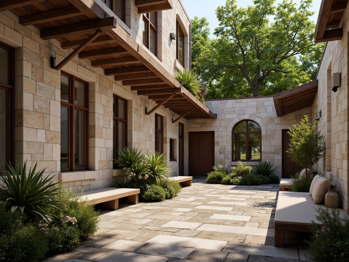 Prompt: Serene monastery courtyard, rustic stone walls, wooden accents, arched windows, industrial steel beams, reclaimed wood floors, minimalist benches, natural stone pathways, lush greenery, soft warm lighting, shallow depth of field, 3/4 composition, panoramic view, realistic textures, ambient occlusion.