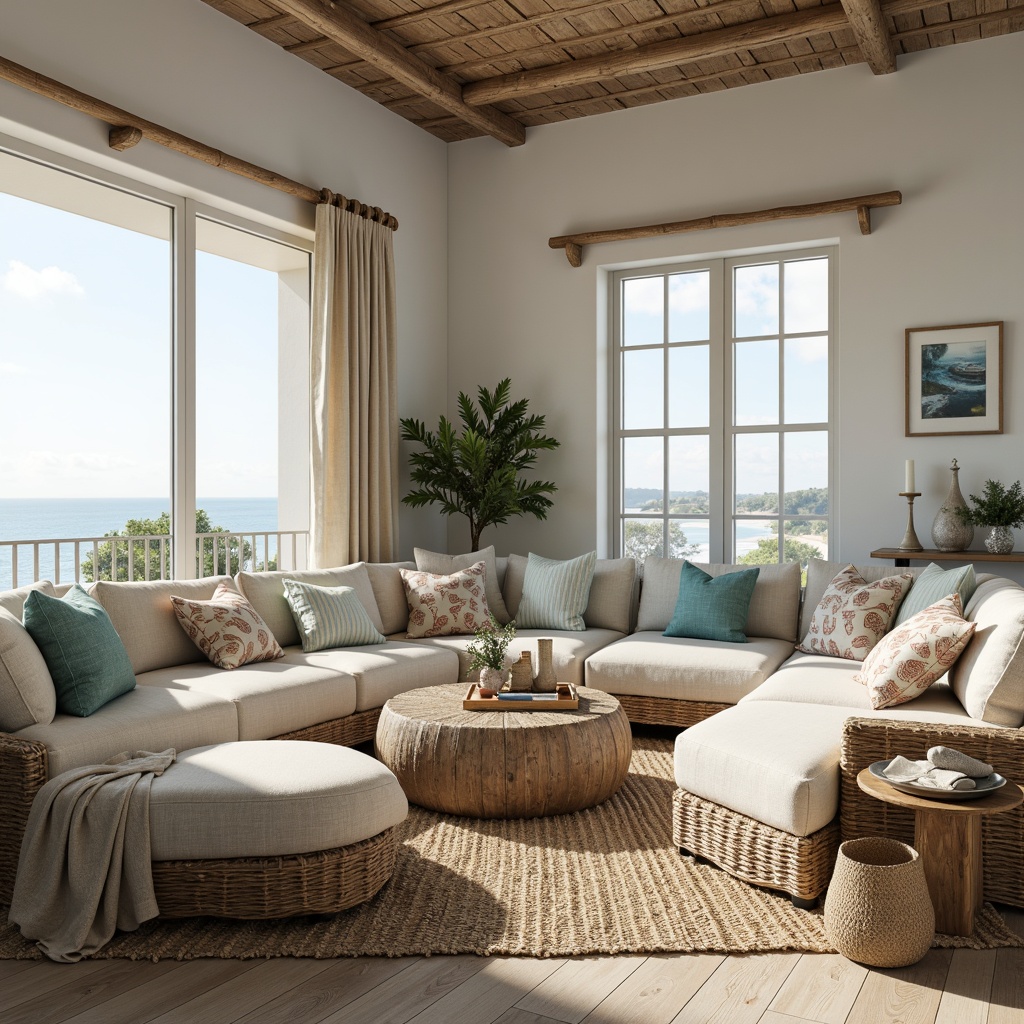 Prompt: Coastal-themed living room, natural linen fabrics, soft blue-green hues, woven jute rugs, driftwood-inspired furniture, nautical rope accents, ocean-breeze influenced color palette, coral-patterned throw pillows, weathered wood textures, distressed finishes, beachy vibe, warm sunny day, soft diffused lighting, 1/1 composition, intimate atmosphere, realistic fabrics, ambient occlusion.