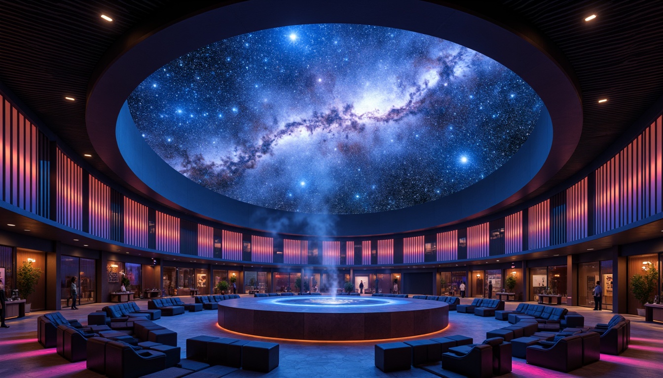 Prompt: Cosmic planetarium interior, starry night sky, immersive dome screen, circular seating arrangement, futuristic architecture, LED strip lighting, color-changing ambiance, soft glowing accents, constellation patterns, nebula-inspired ceiling design, dark blue and purple hues, twinkling fiber optic stars, 3D projection mapping, surround sound system, realistic planetary textures, ambient occlusion, shallow depth of field, 1/2 composition, symmetrical framing, warm atmospheric lighting.