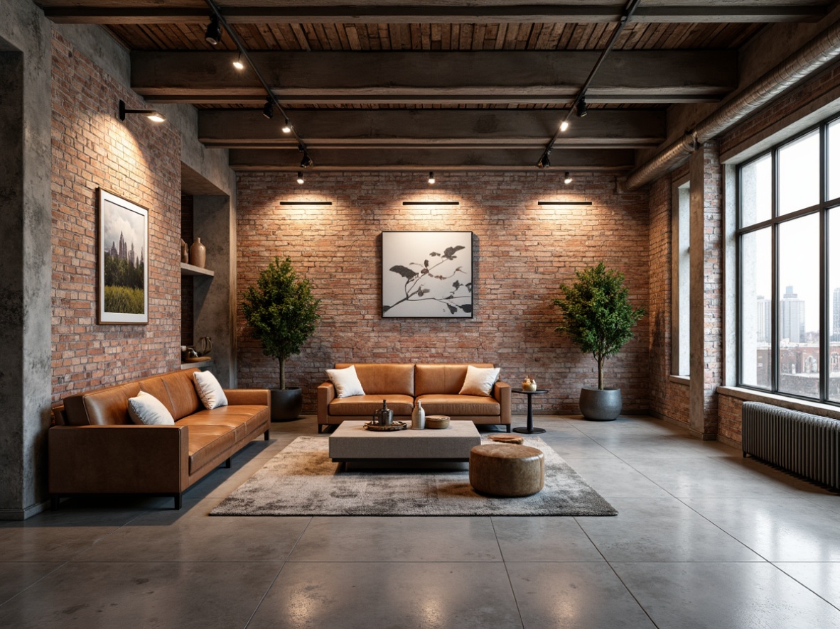 Prompt: Exposed brick walls, metal beams, reclaimed wood accents, industrial-chic lighting fixtures, polished concrete floors, distressed leather furnishings, metallic color palette, urban loft atmosphere, converted warehouse space, modern minimalist aesthetic, functional decorative elements, utilitarian design approach, neutral background tones, emphasis on texture and materiality, dramatic high ceilings, abundant natural light, softbox lighting effect, 1/1 composition, realistic rendering style.