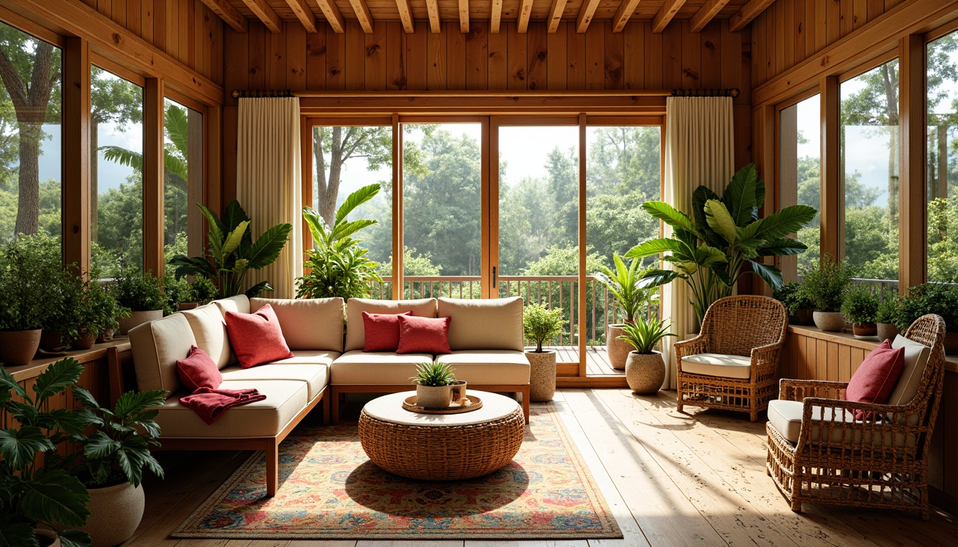 Prompt: Vibrant sunroom, natural wood accents, woven wicker furniture, plush throw pillows, tropical plant arrangements, warm sunny day, soft diffused lighting, 3/4 composition, cozy atmosphere, eclectic decorative items, colorful Moroccan-inspired tiles, reclaimed wooden flooring, lush greenery views, large windows, sliding glass doors, organic shapes, curved lines, whimsical patterns, bohemian textiles, relaxed seating areas.