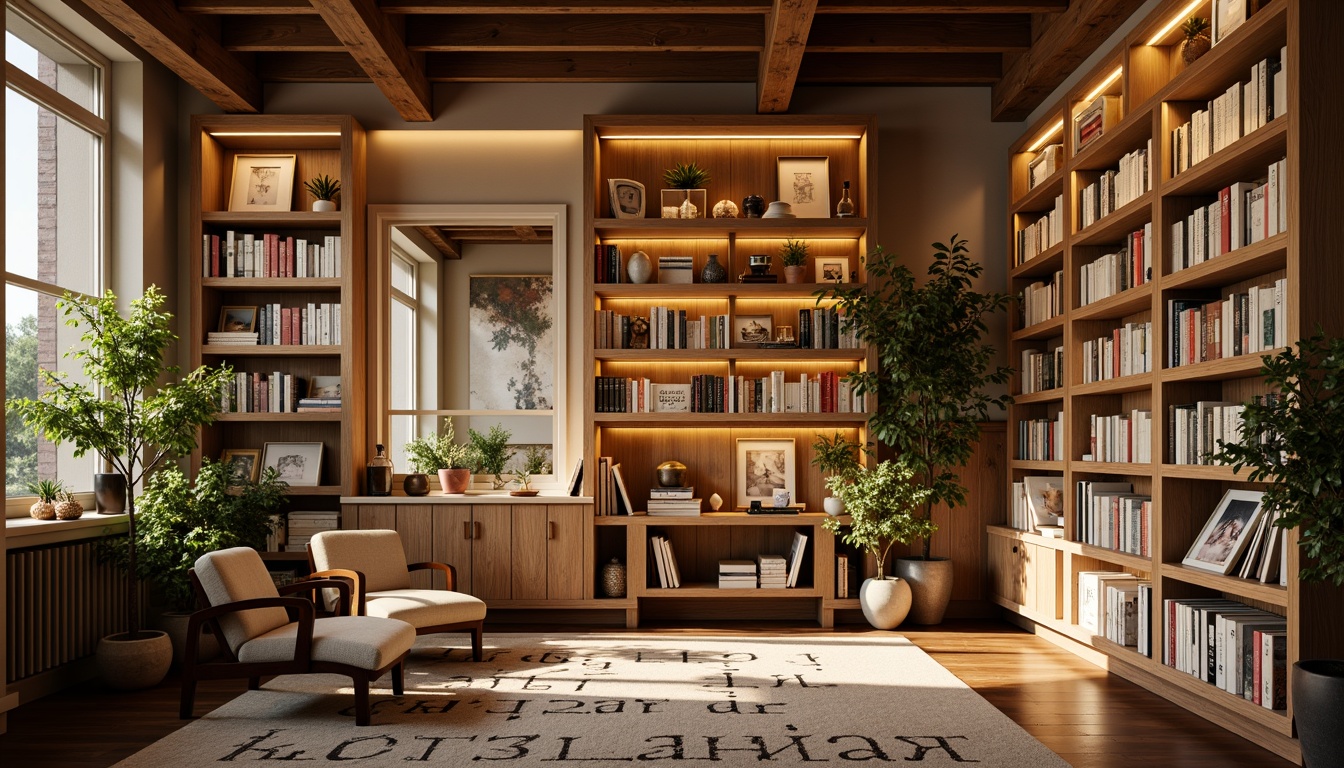 Prompt: Cozy bookstore interior, warm beige walls, rich wooden shelves, soft golden lighting, plush armchairs, vintage book displays, elegant typography, earthy tone rugs, comfortable reading nooks, floor-to-ceiling bookcases, calm atmosphere, natural wood accents, creamy whites, soothing greens, muted blues, subtle texture overlays, 1/2 composition, warm color harmony, inviting ambiance.