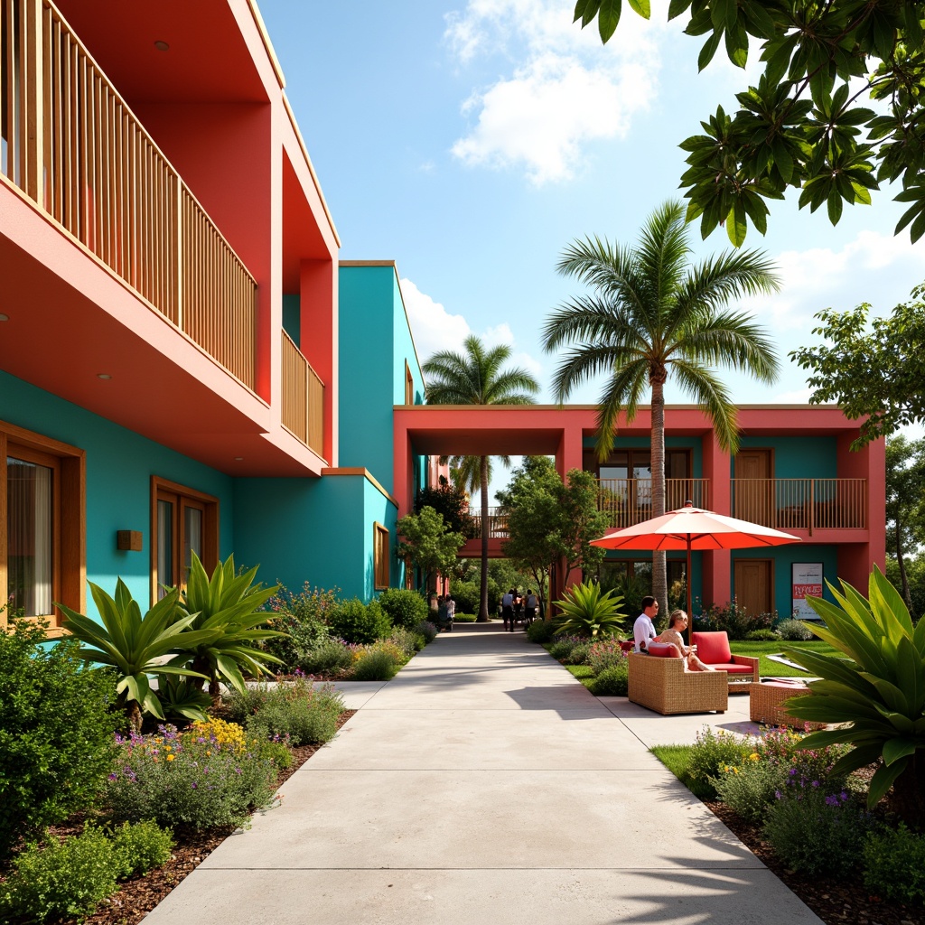 Prompt: Vibrant community center, tropical style architecture, bright coral walls, turquoise accents, lush greenery, palm trees, exotic flowers, natural wood textures, woven rattan furniture, colorful tiki torches, sunny day, warm soft lighting, shallow depth of field, 1/1 composition, intimate gathering spaces, modern amenities, eco-friendly materials, sustainable design elements, outdoor recreation areas, playground equipment, seating areas with umbrellas.