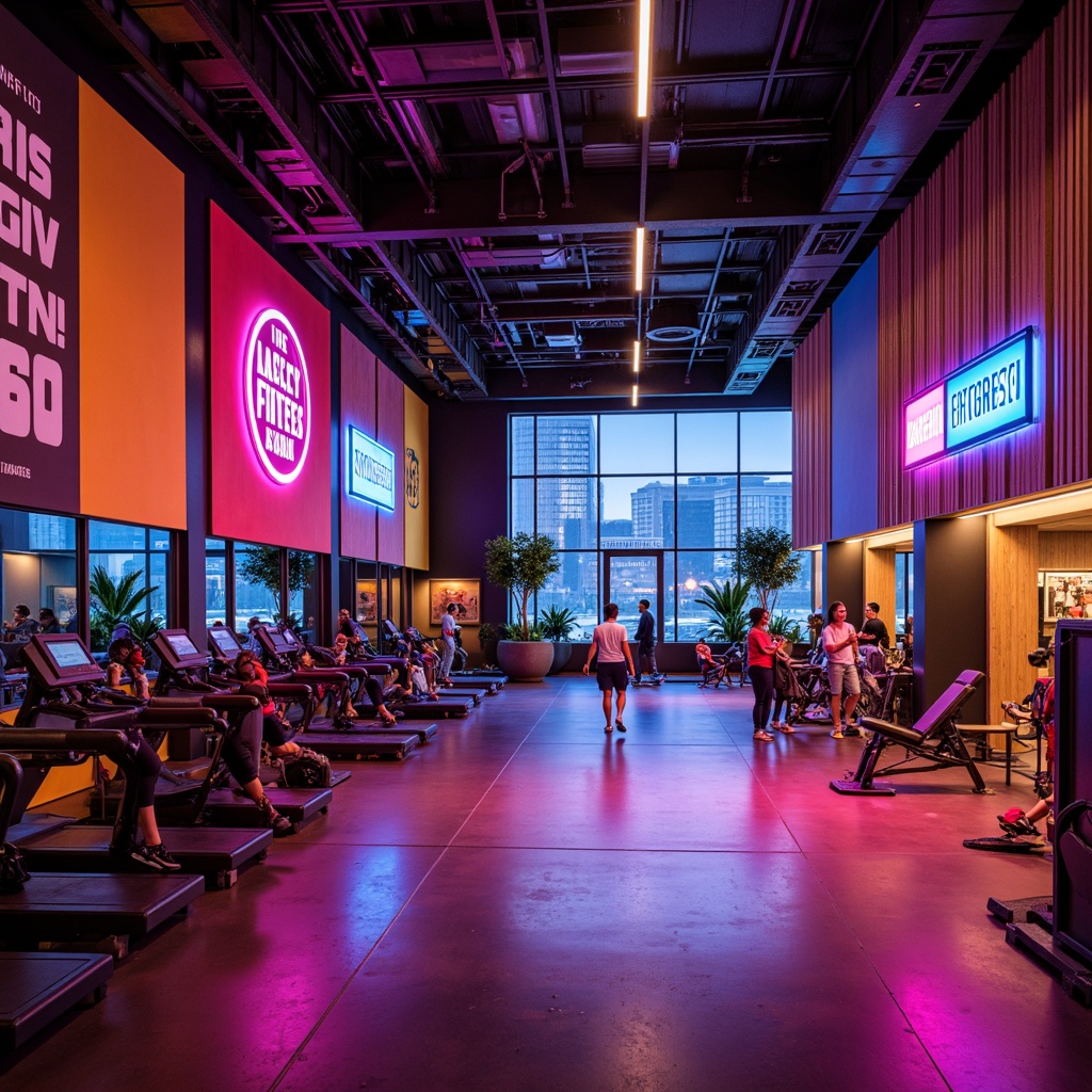 Prompt: Vibrant fitness center, bold color scheme, energetic atmosphere, industrial-chic equipment, metallic accents, rubber flooring, neon-lit signs, motivational quotes, modern architecture, floor-to-ceiling windows, natural light, warm wood tones, dynamic lighting, high-contrast visuals, 3/4 composition, dramatic shadows, realistic textures, ambient occlusion.