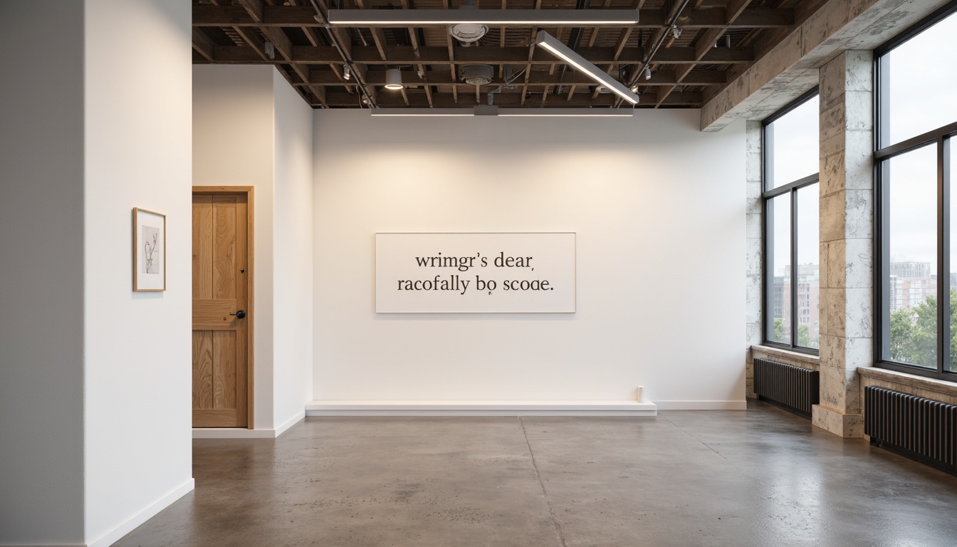 Prompt: Clean white walls, subtle signage, sans-serif font, gentle typography, soft warm lighting, minimalist aesthetic, industrial chic, reclaimed wood accents, metal frames, understated branding, simple messaging, elegant simplicity, modern sophistication, urban loft atmosphere, high ceilings, polished concrete floors, natural textures, monochromatic color scheme, subtle material contrasts.