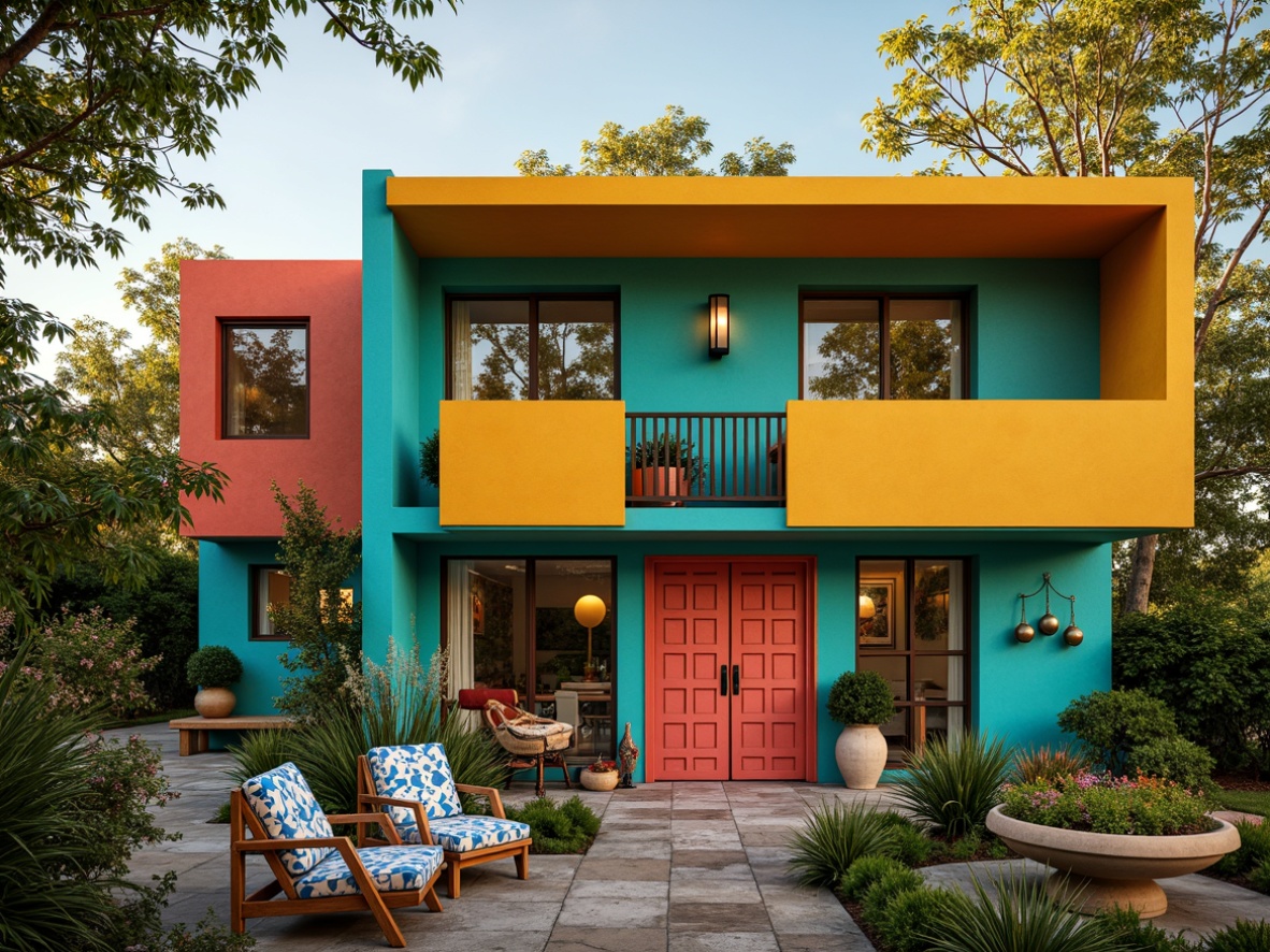 Prompt: Vibrant eclectic house, bold color blocking, bright turquoise walls, sunny yellow accents, rich coral trim, distressed wood textures, vintage decorative elements, ornate metal fixtures, lush greenery, blooming flowers, natural stone pathways, whimsical garden ornaments, eclectic art pieces, mix-and-match furniture styles, global-inspired patterns, abstract geometric shapes, playful lighting fixtures, warm golden hour lighting, shallow depth of field, 1/2 composition, realistic textures, ambient occlusion.