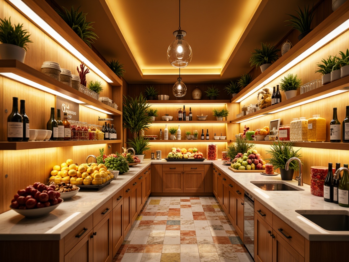 Prompt: Vibrant pantry interior, warm golden lighting, LED strip lights, glass pendant lamps, polished chrome fixtures, soft white cabinetry, rich wood accents, marble countertops, fresh fruit displays, colorful ceramic tiles, ambient under-cabinet illumination, dramatic overhead lighting, 3/4 composition, shallow depth of field, natural textures, realistic reflections.