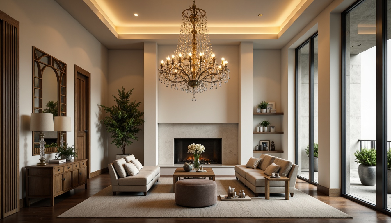 Prompt: Elegant chandelier, ornate metalwork, soft warm glow, crystal droplets, luxurious ambiance, sophisticated modern interior, high ceiling, spacious living room, cream-colored walls, dark wood flooring, cozy reading nook, floor-to-ceiling windows, natural daylight, subtle shading, 1/1 composition, realistic textures, ambient occlusion.