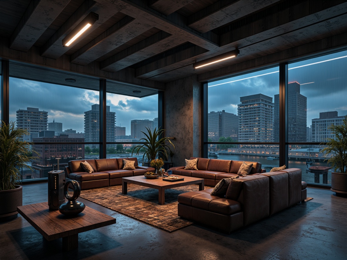 Prompt: Monolithic concrete walls, industrial metal beams, minimalist decor, brutalist architectural style, low-poly 3D models, futuristic game consoles, sleek gaming PCs, neon-lit ambient lighting, worn leather sofas, chunky wooden coffee tables, metallic armchairs, distressed rug textures, graffiti-covered walls, urban cityscape views, rainy night atmosphere, shallow depth of field, cinematic camera angles, high-contrast color grading.