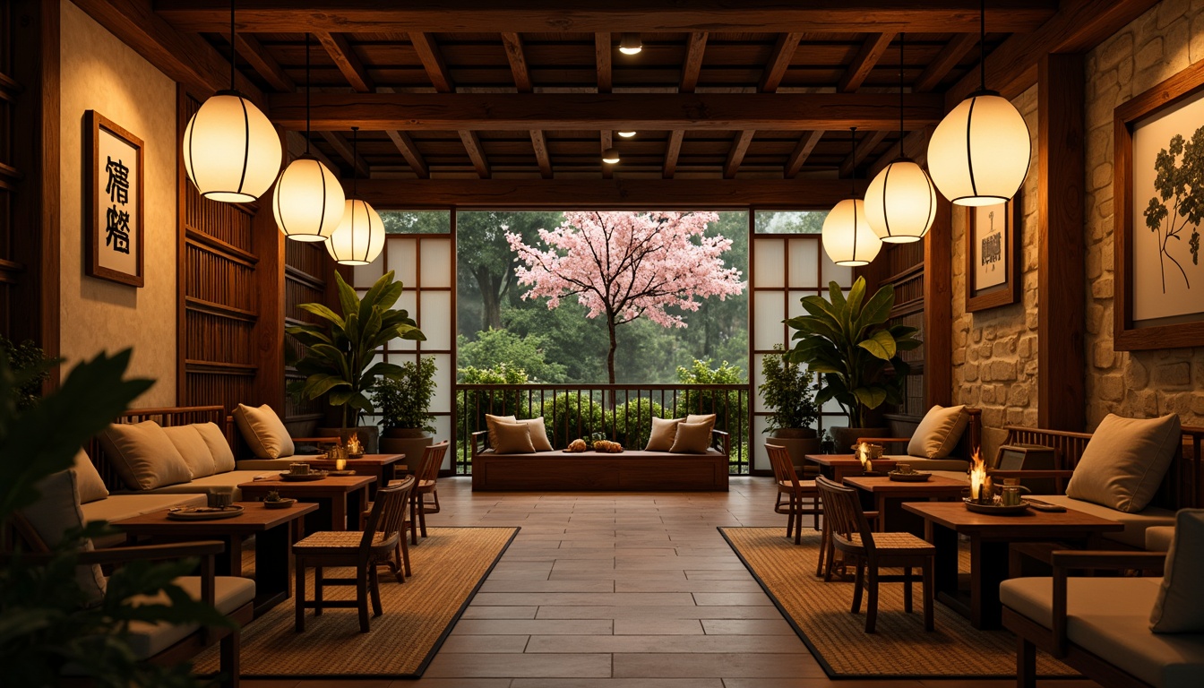 Prompt: Cozy Asian-style coffee shop, warm ambient lighting, paper lanterns, natural wood accents, woven bamboo furniture, traditional Japanese tatami mats, rustic stone walls, lush greenery, soft warm glow, delicate cherry blossom decorations, subtle incense aroma, peaceful atmosphere, shallow depth of field, 1/1 composition, realistic textures, warm color palette, intimate seating areas, minimalist decor.