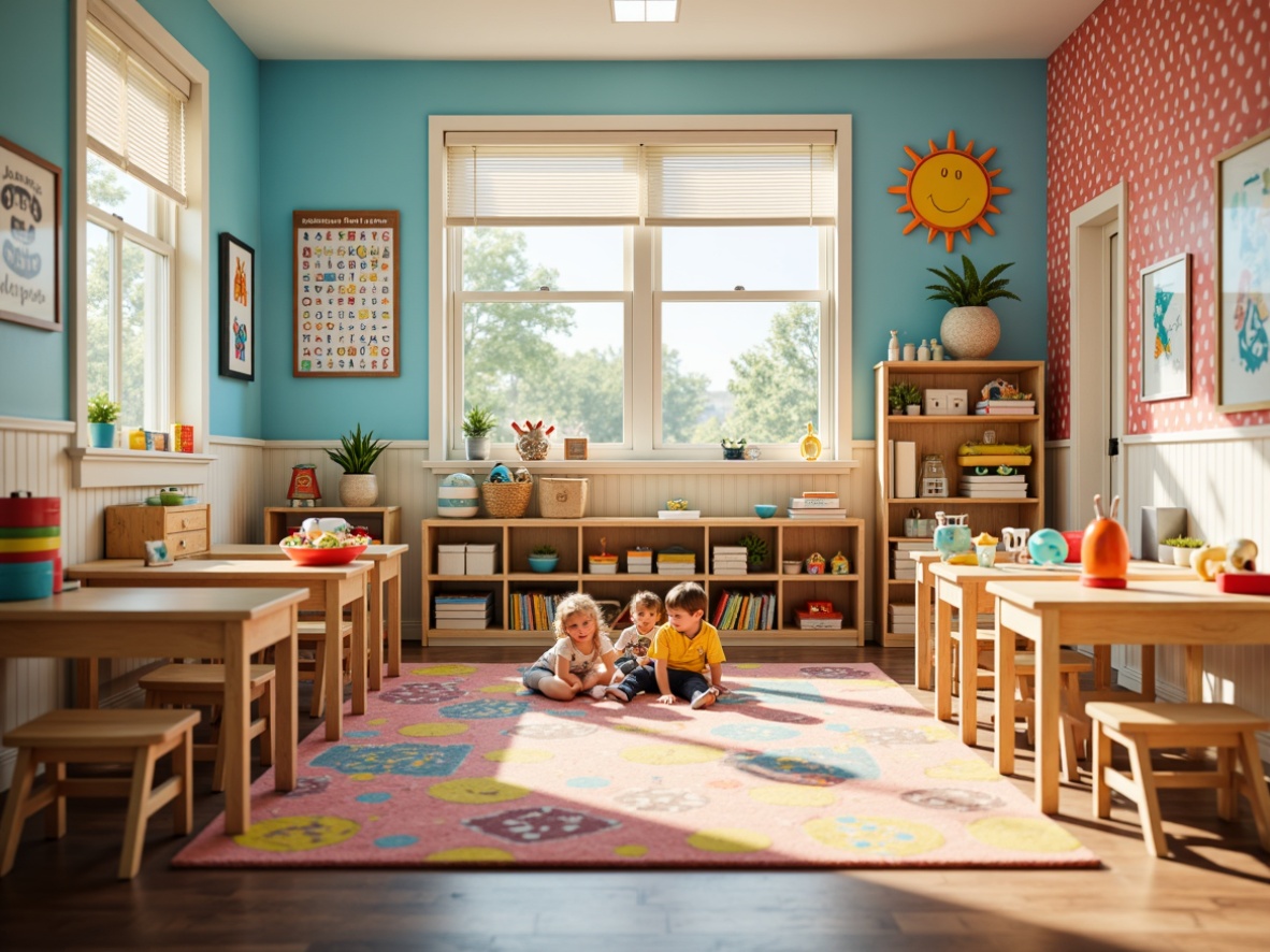 Prompt: Vibrant kindergarten classroom, bright primary colors, playful polka dots, soft pastel hues, whimsical illustrations, educational posters, colorful rug, wooden desks, tiny chairs, building blocks, alphabet letters, number lines, cheerful artwork, sunny windows, warm natural light, 3/4 composition, shallow depth of field, realistic textures.