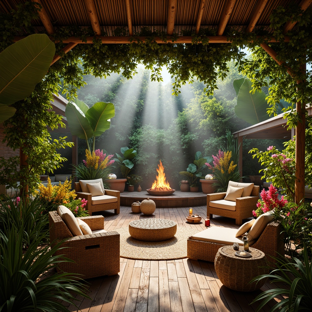 Prompt: Vibrant tropical stage, lush greenery, exotic flowers, wooden decking, beach-inspired props, colorful tiki torches, woven bamboo furniture, rattan accents, natural fiber textiles, warm golden lighting, soft focus, shallow depth of field, 2/3 composition, dynamic camera angles, realistic water effects, misty atmosphere, immersive experience.