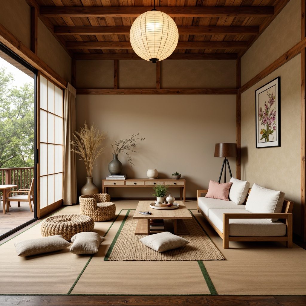 Prompt: Traditional Japanese tatami mats, natural bamboo flooring, reclaimed wood accents, woven rattan furniture, organic cotton upholstery, hand-painted silk wallpaper, sustainable rice paper lanterns, minimalist Shoji screens, subtle earthy color palette, warm soft lighting, 1/2 composition, cozy intimate atmosphere, ambient occlusion.