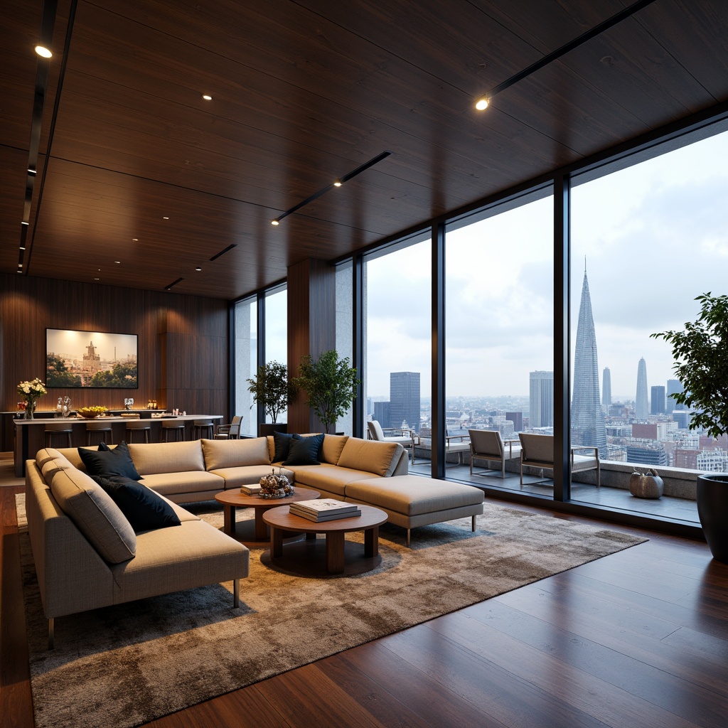 Prompt: Luxurious penthouse, sleek modern architecture, floor-to-ceiling windows, breathtaking cityscape views, lavish interior design, rich wood accents, marble countertops, opulent furnishings, bold contrasting colors, neutral background tones, metallic accents, ambient warm lighting, 1/1 composition, shallow depth of field, realistic textures, sophisticated atmosphere.