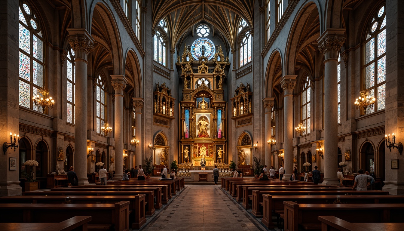 Prompt: Intricate stone carvings, ornate gold leaf details, grand cathedral architecture, vaulted ceilings, stained glass windows, intricate mosaics, lavish furnishings, rich velvet drapes, golden crucifixes, solemn atmospheric lighting, warm candlelight, shallow depth of field, 1/1 composition, symmetrical framing, dramatic shadows, realistic textures, ambient occlusion.