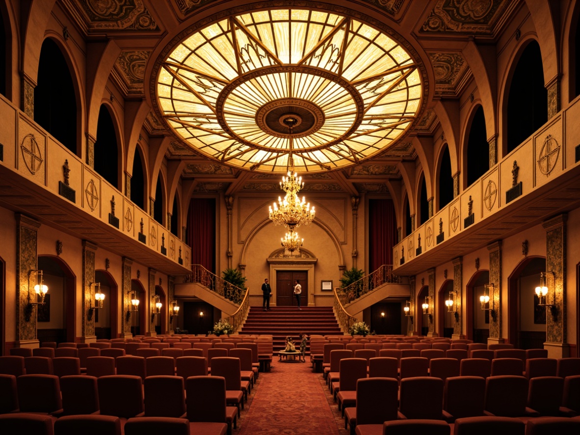 Prompt: Ornate auditorium, Art Nouveau style, grand chandelier, intricately designed sconces, warm golden lighting, richly textured walls, curved wooden paneling, ornamental metalwork, flowing organic patterns, stained glass ceiling, majestic staircase, velvet drapes, luxurious seating, elaborate architectural details, soft warm glow, high ceilings, dramatic spotlights, 1/2 composition, shallow depth of field, realistic reflections.