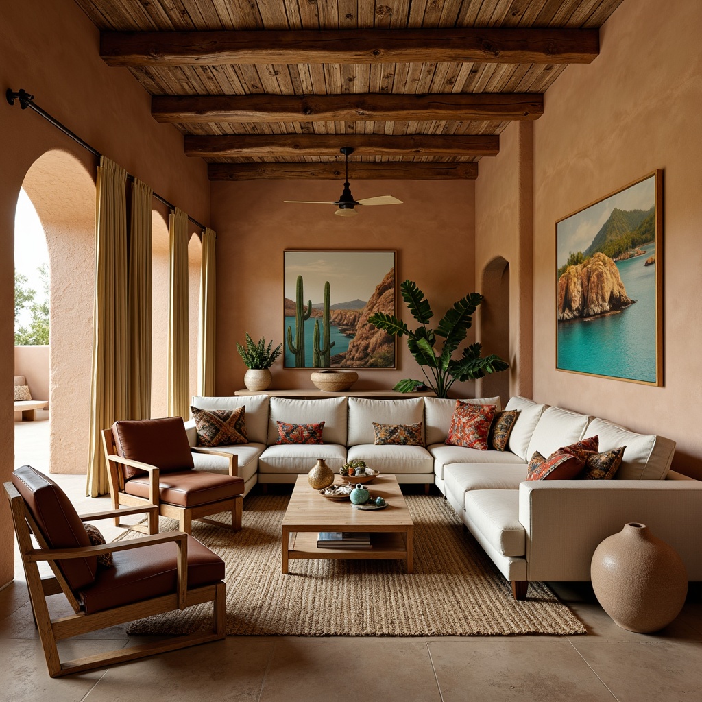 Prompt: Rustic adobe-style walls, warm beige tones, vibrant turquoise accents, plush sectional sofas, woven jute rugs, wooden coffee tables, leather armchairs, colorful geometric patterned throw pillows, natural fiber drapes, earthy terracotta vases, cacti plants, Southwestern-inspired artwork, soft warm lighting, shallow depth of field, 3/4 composition, panoramic view, realistic textures, ambient occlusion.