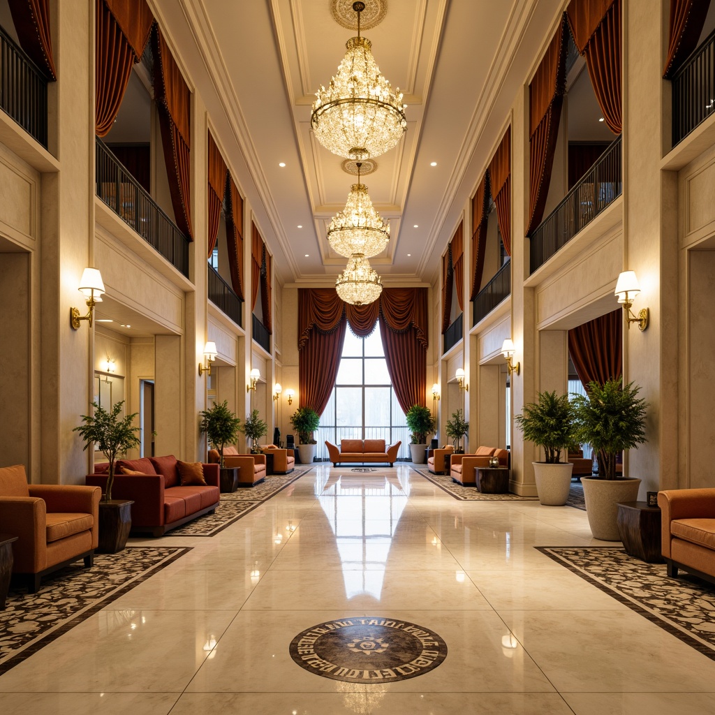 Prompt: Elegant hotel lobby, creamy marble flooring, ornate patterns, high ceilings, grand chandeliers, luxurious furnishings, velvet drapes, golden accents, intricate moldings, symmetrical composition, warm ambient lighting, soft focus, shallow depth of field, 1/2 composition, realistic textures, ambient occlusion.