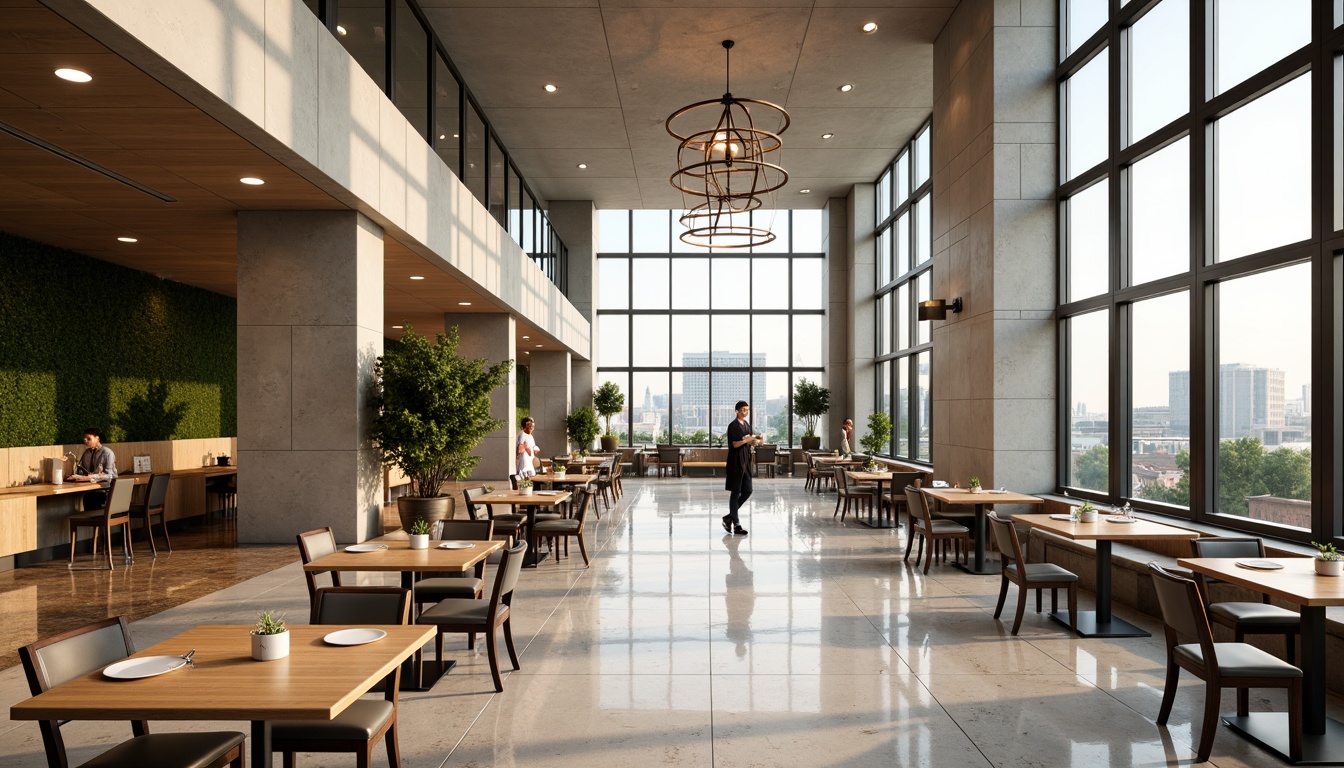 Prompt: Spacious open space dining hall, high ceiling, grand chandelier, elegant pendant lights, polished marble floors, sleek wooden tables, comfortable cushioned chairs, vibrant greenery walls, natural stone accents, modern minimalist architecture, floor-to-ceiling windows, panoramic city views, soft warm lighting, shallow depth of field, 1/2 composition, realistic textures, ambient occlusion.