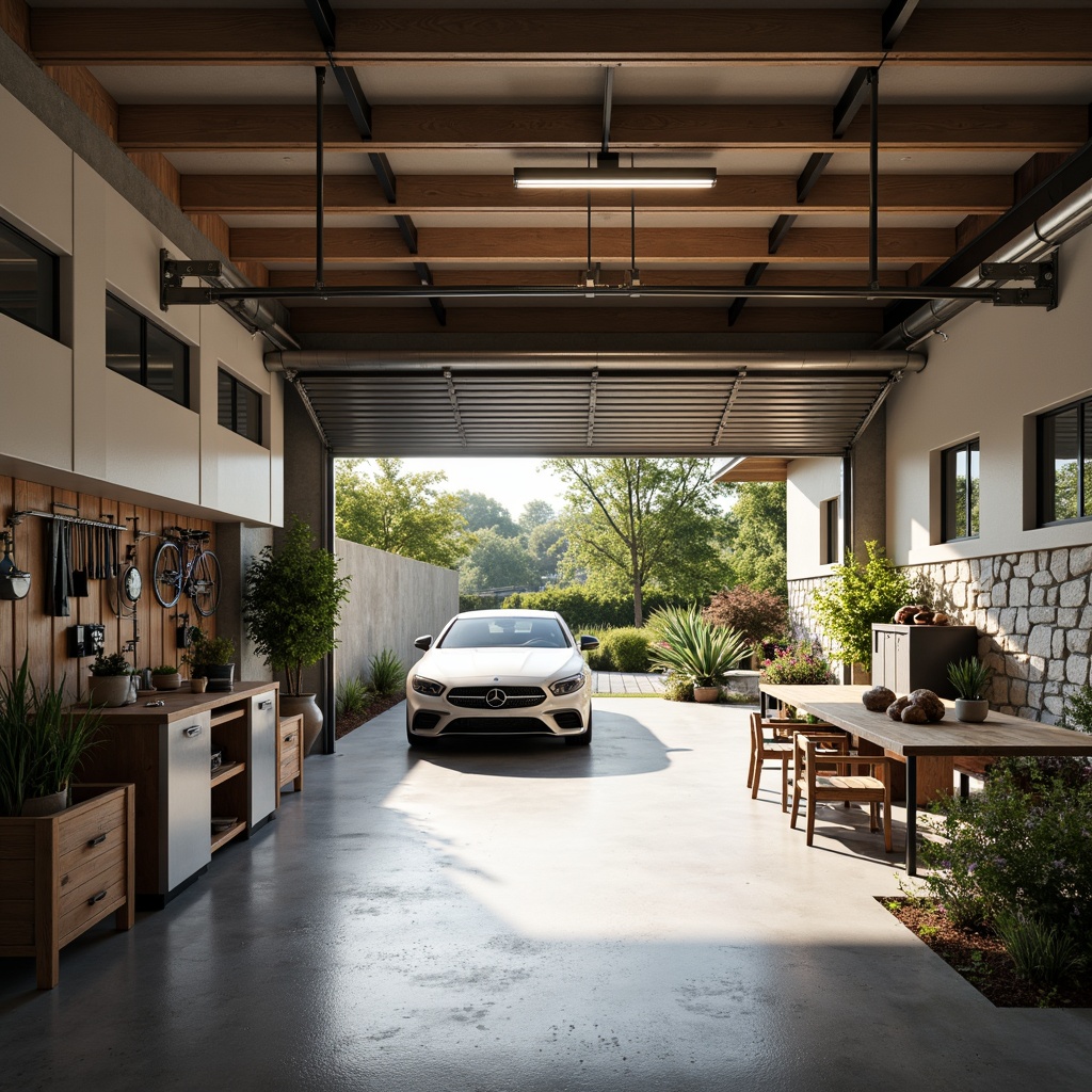 Prompt: Cozy family garage, modern minimalist design, neutral color palette, epoxy resin floors, sleek metal cabinets, adjustable shelving units, ceiling-mounted storage racks, recessed lighting, soft warm glow, shallow depth of field, 3/4 composition, realistic textures, ambient occlusion, parked vehicles, bicycles, gardening tools, sports equipment, organized workbenches, tool chests, overhead doors with windows, natural stone walls, lush greenery, sunny day.