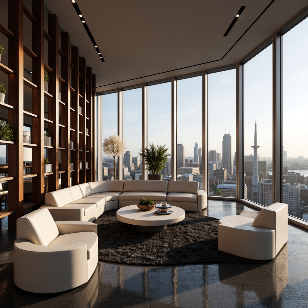 Prompt: Luxurious penthouse, sleek modern architecture, floor-to-ceiling windows, breathtaking cityscape views, sophisticated neutral tones, rich wood accents, metallic chrome fixtures, soft cream leather furniture, velvety dark grey carpets, ambient warm lighting, 3/4 composition, shallow depth of field, realistic textures, high-end finishes, glamorous chandeliers, lavish decorations.