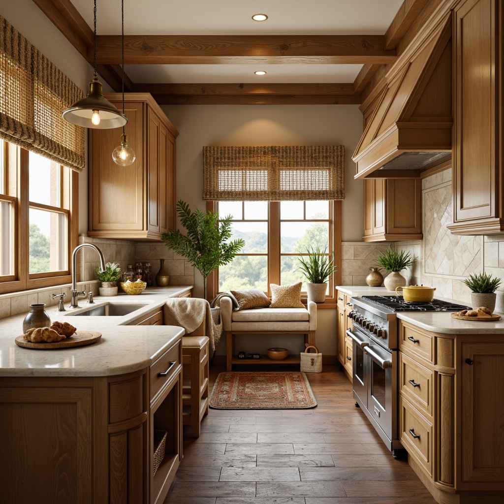 Prompt: Timeless traditional kitchen, warm beige cabinets, rich wood tones, ornate carvings, soft cream countertops, subtle veining patterns, elegant faucet fixtures, classic pendant lighting, cozy breakfast nook, rustic wooden flooring, earthy color palette, natural stone backsplash, gentle morning light, 3/4 composition, shallow depth of field, realistic textures, ambient occlusion.