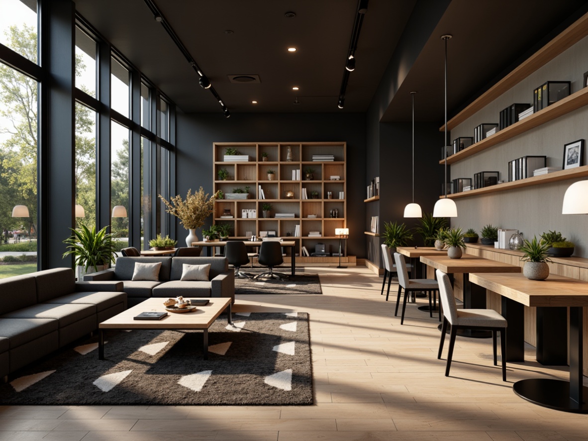 Prompt: Sleek modern interior, minimalist decor, comfortable sofas, stylish armchairs, wooden coffee tables, geometric patterned rugs, metallic floor lamps, wall-mounted shelves, adjustable desks, ergonomic office chairs, natural wood accents, matte black finishes, soft warm lighting, shallow depth of field, 3/4 composition, realistic textures, ambient occlusion.