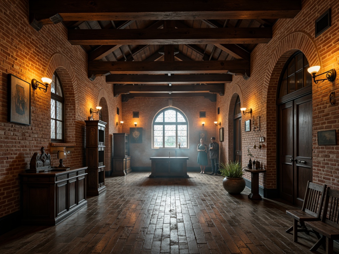 Prompt: Rustic monastery interior, exposed wooden beams, distressed brick walls, industrial metal accents, reclaimed wood flooring, vintage religious artifacts, dim warm lighting, atmospheric shadows, 1/1 composition, symmetrical framing, dramatic archways, ornate stone carvings, stained glass windows, eerie ambient sounds, misty mystical atmosphere, soft focused lens blur.