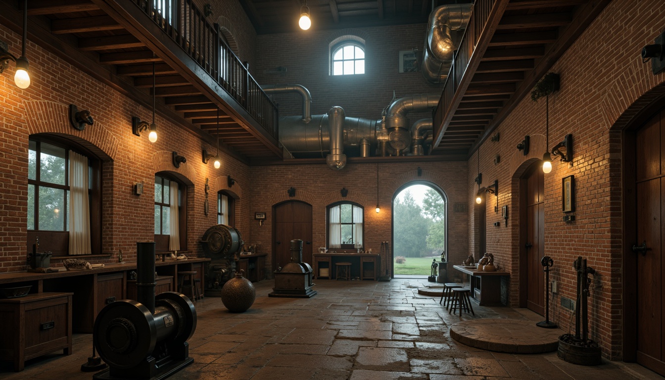 Prompt: Rustic monastery interior, exposed brick walls, steel accents, industrial pipes, reclaimed wood beams, distressed metal doors, vintage machinery, dim warm lighting, atmospheric fog, cinematic depth of field, 1/1 composition, realistic textures, ambient occlusion, spiritual ambiance, vaulted ceilings, arched windows, ornate stone carvings, mysterious corridors, abandoned factory feel, gritty urban aesthetic.