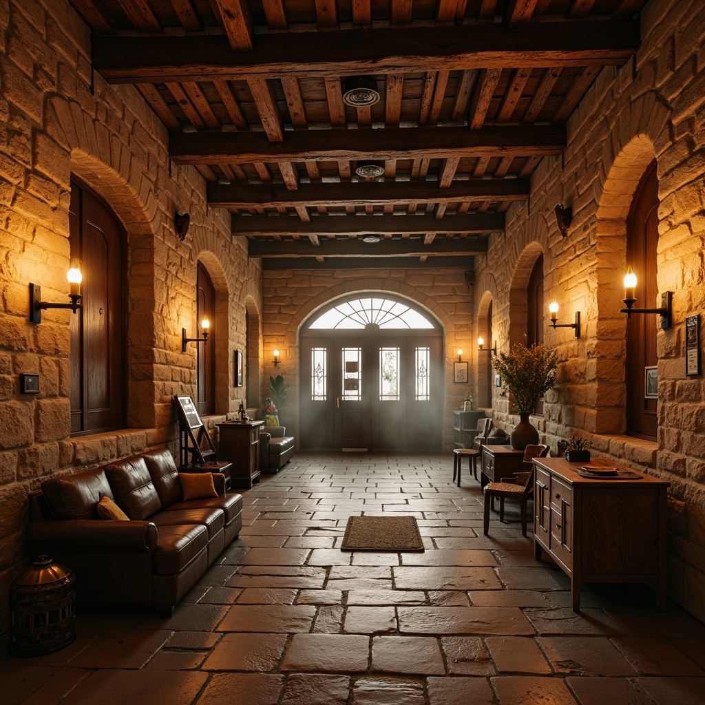 Prompt: Earthy monastery complex, rustic stone walls, weathered wooden accents, industrial metal beams, exposed brick ceilings, dimly lit corridors, mysterious ambiance, warm candlelight, rich terracotta tones, muted sienna hues, deep umber shades, soft beige textures, distressed leather furniture, vintage machinery, reclaimed wood decorations, urban grunge elements, atmospheric fog effects, cinematic low-key lighting, 1/1 composition, shallow depth of field.