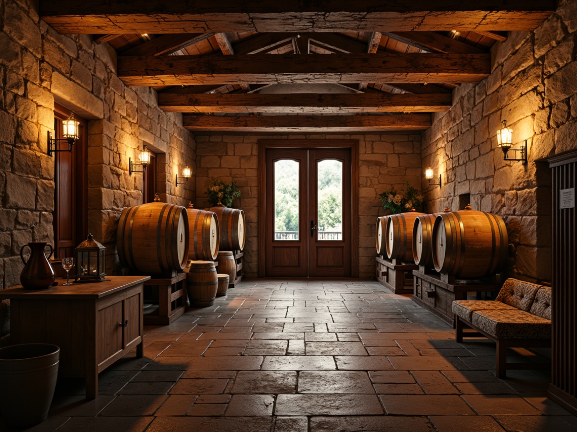 Prompt: Rustic winery building, stone walls, wooden barrels, wine cellar atmosphere, dim warm lighting, textured brick floors, earthy tone color palette, natural wood accents, metal lanterns, vintage wine-making equipment, ornate wooden doors, distressed wood textures, soft warm glow, shallow depth of field, 1/2 composition, realistic reflections, ambient occlusion.