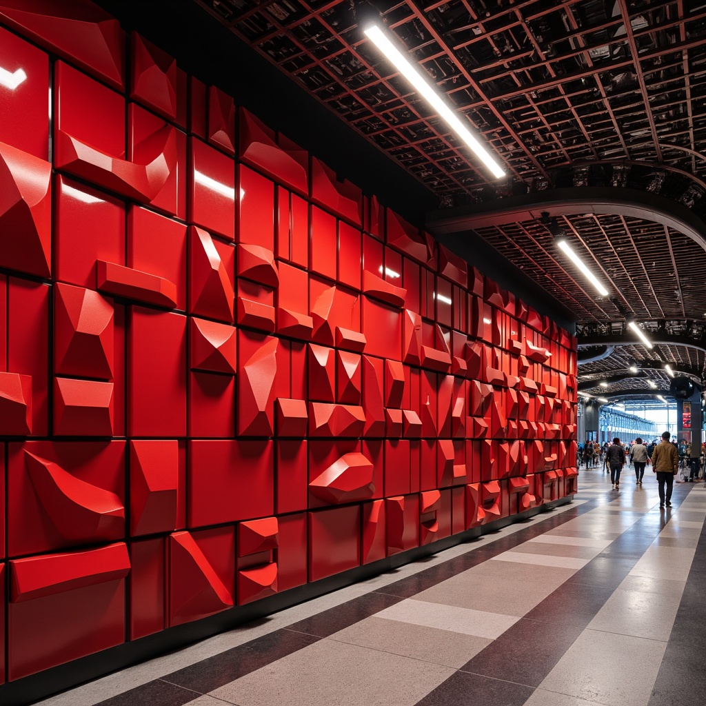 Prompt: Vibrant red accent wall, textured 3D geometric pattern, glossy enamel finish, metallic sheen, bold color blocking, urban modern aesthetic, industrial chic vibe, exposed ductwork ceiling, polished concrete floor, dynamic LED lighting, futuristic architecture, curved lines, sweeping arches, grand entrance design, bustling transportation hub atmosphere, morning rush hour ambiance, warm and inviting glow, shallow depth of field, 1/2 composition, realistic reflections.