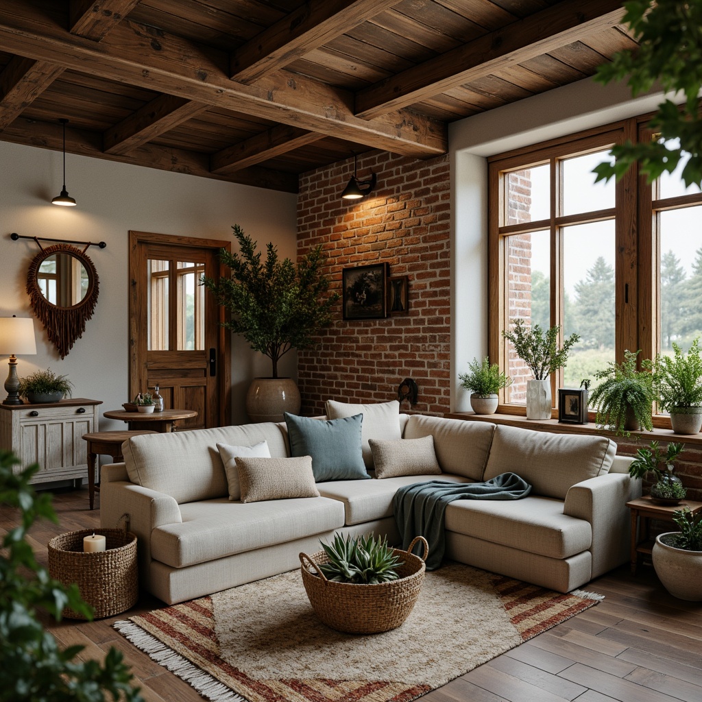 Prompt: Rustic farmhouse, industrial accents, weathered wood tones, distressed metal finishes, earthy color palette, warm beige, soft sage, muted blues, rich browns, creamy whites, exposed brick walls, reclaimed wooden beams, metal roof tiles, vintage farming tools, natural textiles, woven baskets, potted greenery, warm candlelight, cozy atmosphere, shallow depth of field, 1/1 composition, realistic textures.