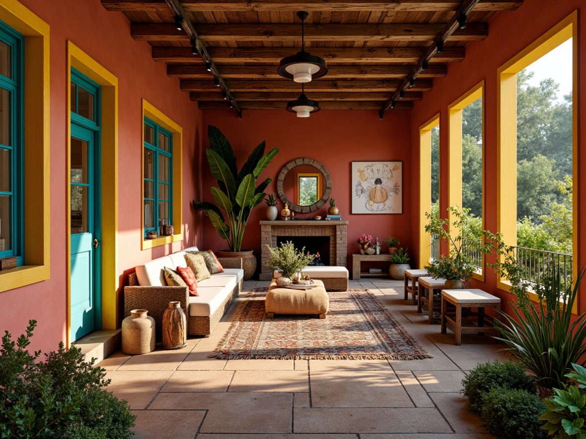 Prompt: Vibrant eclectic home, bold color blocking, warm terracotta walls, turquoise accents, sunny yellow trim, distressed wood textures, ornate metal details, vintage decor, lush greenery, whimsical patterns, abstract artwork, bohemian chic, laid-back atmosphere, natural stone pathways, earthy tones, reclaimed wood elements, rustic charm, eclectic furniture, global-inspired textiles, rich jewel tones, warm golden lighting, soft focus, 3/4 composition, atmospheric perspective.