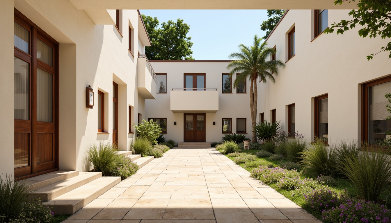 Prompt: Serene monastery courtyard, soft cream walls, warm beige stone floors, modern minimalist architecture, clean lines, minimal ornamentation, large windows, wooden accents, natural light, subtle shadowing, gentle warm lighting, shallow depth of field, 3/4 composition, panoramic view, realistic textures, ambient occlusion, earthy tones, muted greens, soft blues, creamy whites, weathered wood, stone pathways, lush greenery, vibrant flowers, peaceful atmosphere.